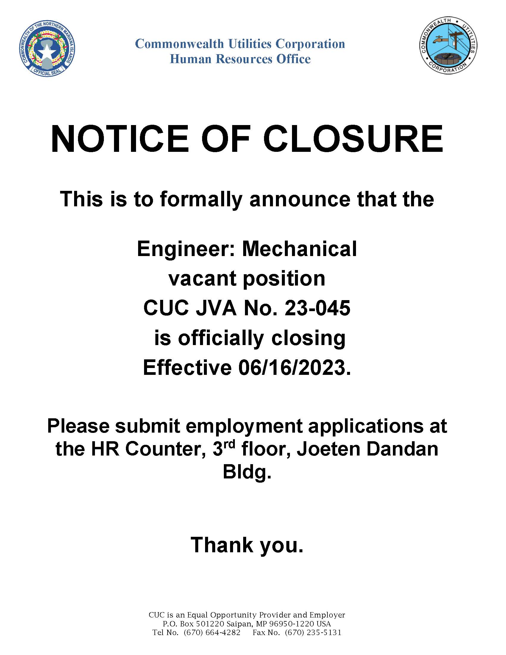 NOTICE- Engineer-Mechanical 06.16.2023 - Commonwealth Utilities Corporation
