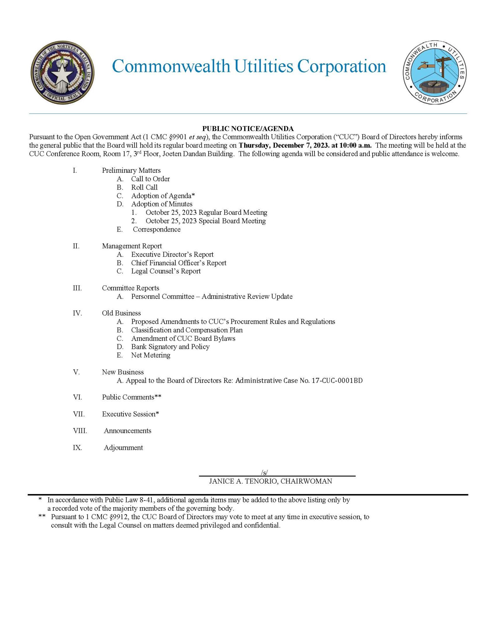 2023 12.7 RBM Agenda - Commonwealth Utilities Corporation