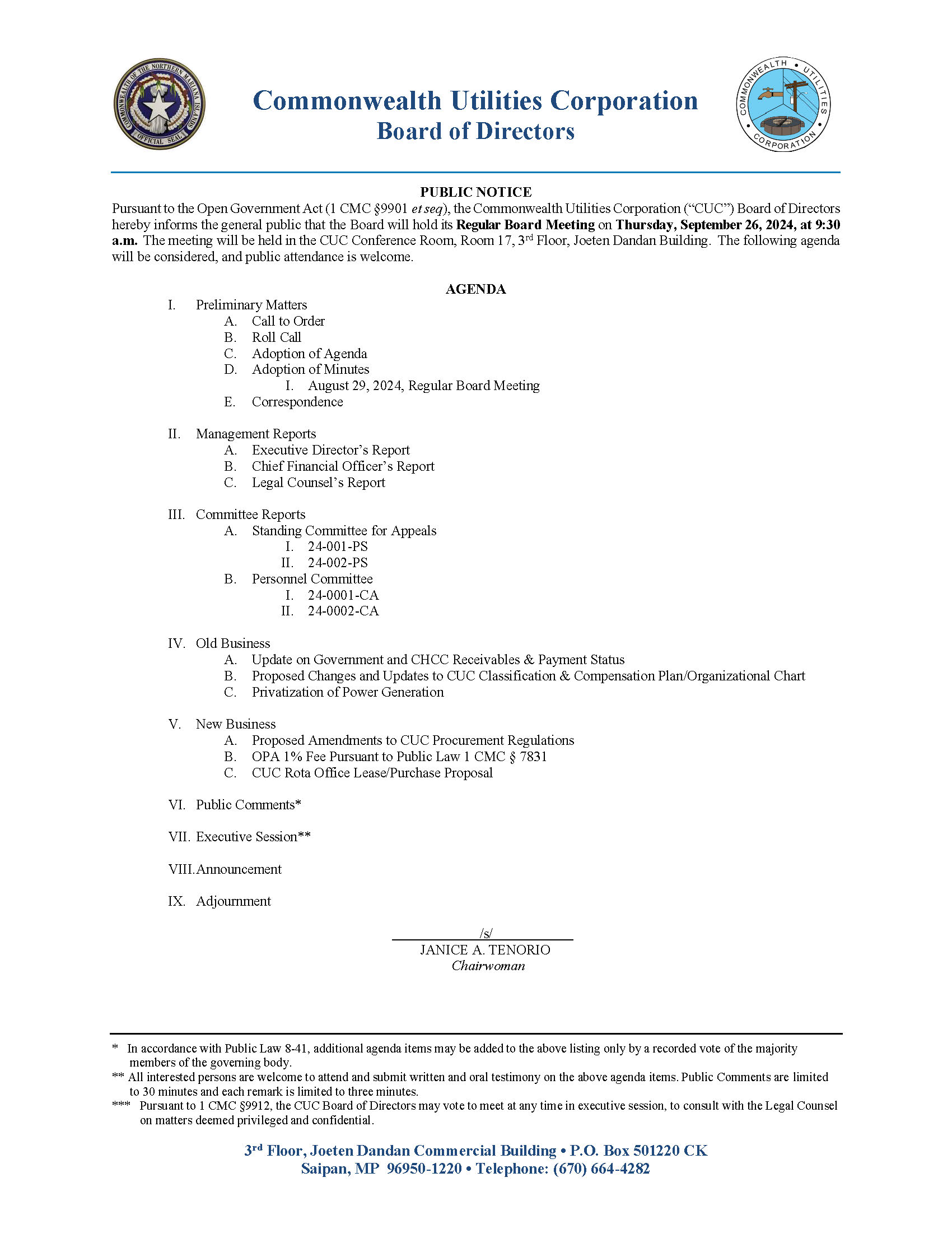2024 09 26 Board Meeting Agenda Rbm Commonwealth Utilities Corporation