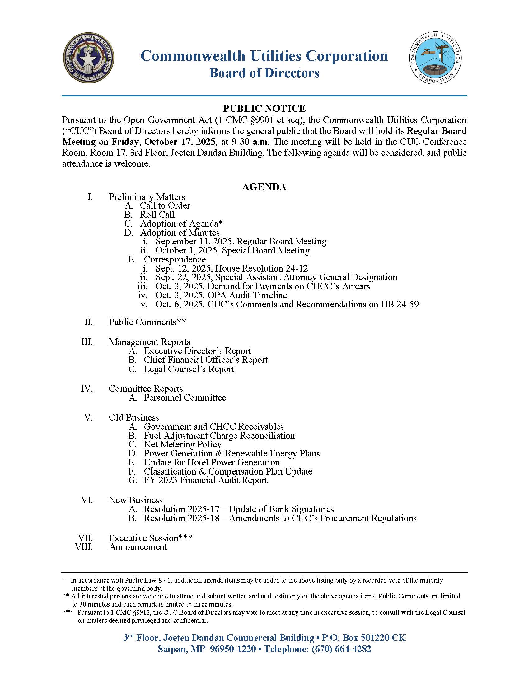 2025-10-17 Board Meeting Agenda (RBM) - Commonwealth Utilities Corporation